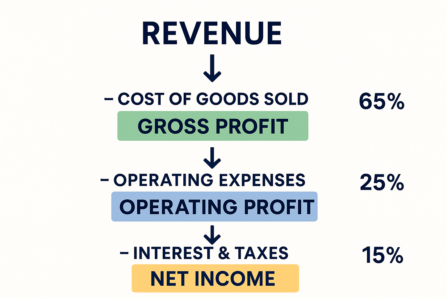 Infographic in 1536x1024 landscape format showing the three levels of profit. Create a visual flowchart/waterfall diagram starting with "Rev