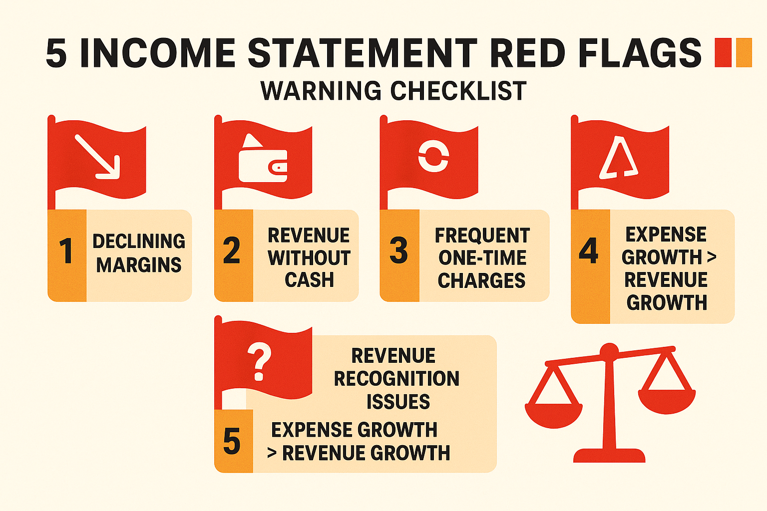 Infographic in 1536x1024 landscape format showing "5 Income Statement Red Flags" as a warning checklist. Create five distinct sections with 