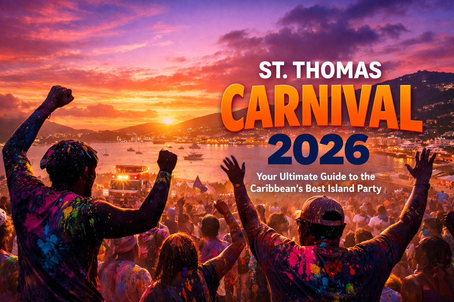 Cover image in 1536x1024 landscape format. Vibrant scene of St. Thomas Jouvert celebration with people covered in colorful paint dancing in 
