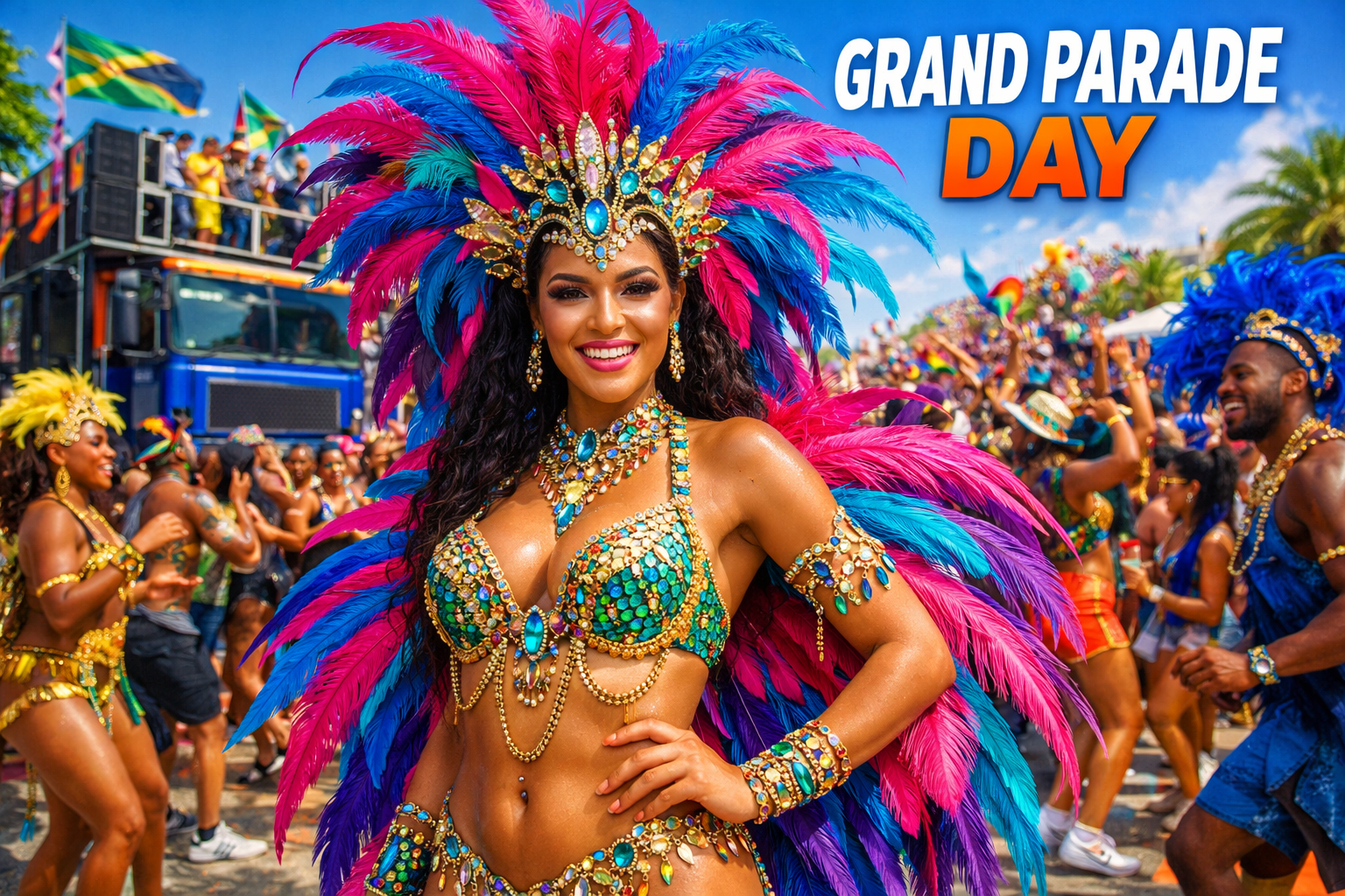 Square 1024x1024 vibrant photo-style image of Grand Parade scene. Carnival participants in elaborate feathered costumes in bright colors - h