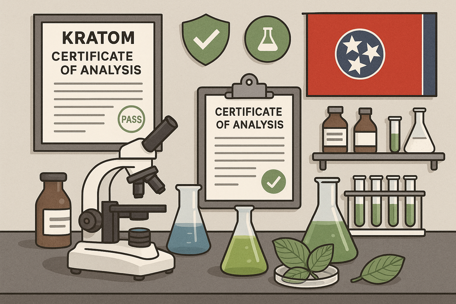 Illustration (1024x1024) - Professional representation of kratom testing laboratory with scientific equipment, certificates of analysis docu