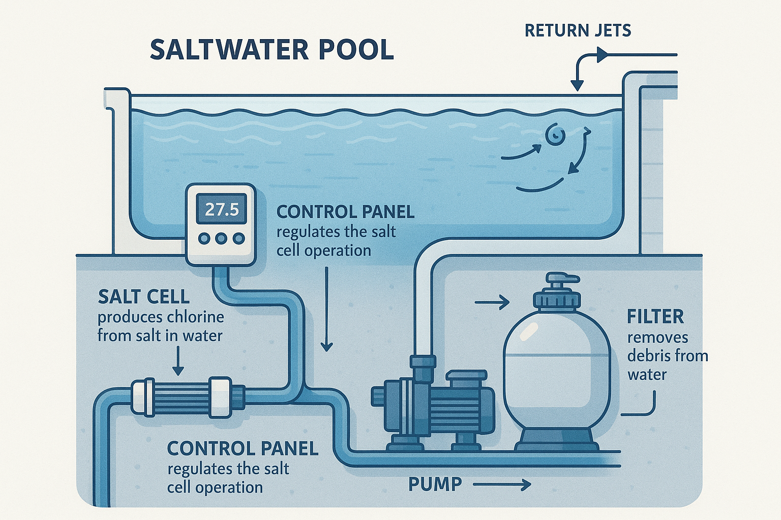 A detailed 1024x1024 square illustration showing a cross-section diagram of a saltwater pool system. The image should clearly label key comp