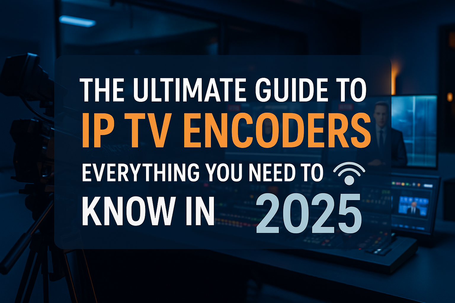 Create a professional cover image in 1536x1024 landscape format. The background should feature a sleek, modern broadcast studio environment