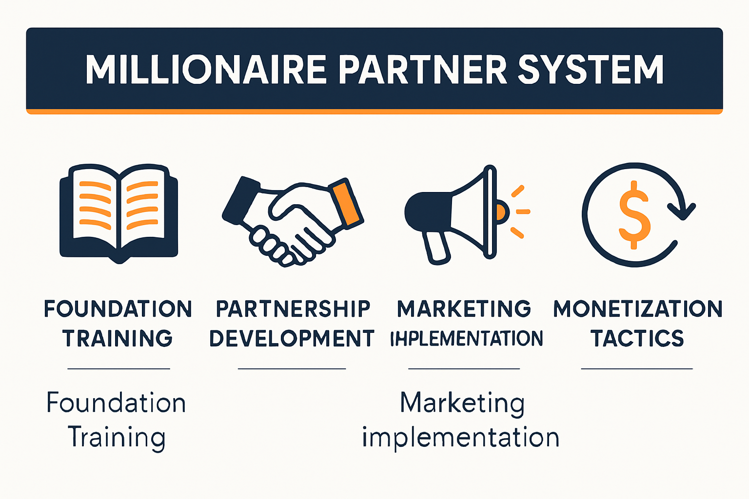 Design a 1536x1024 infographic showing the core components of the Millionaire Partner System. Include four main sections: Foundation Trainin
