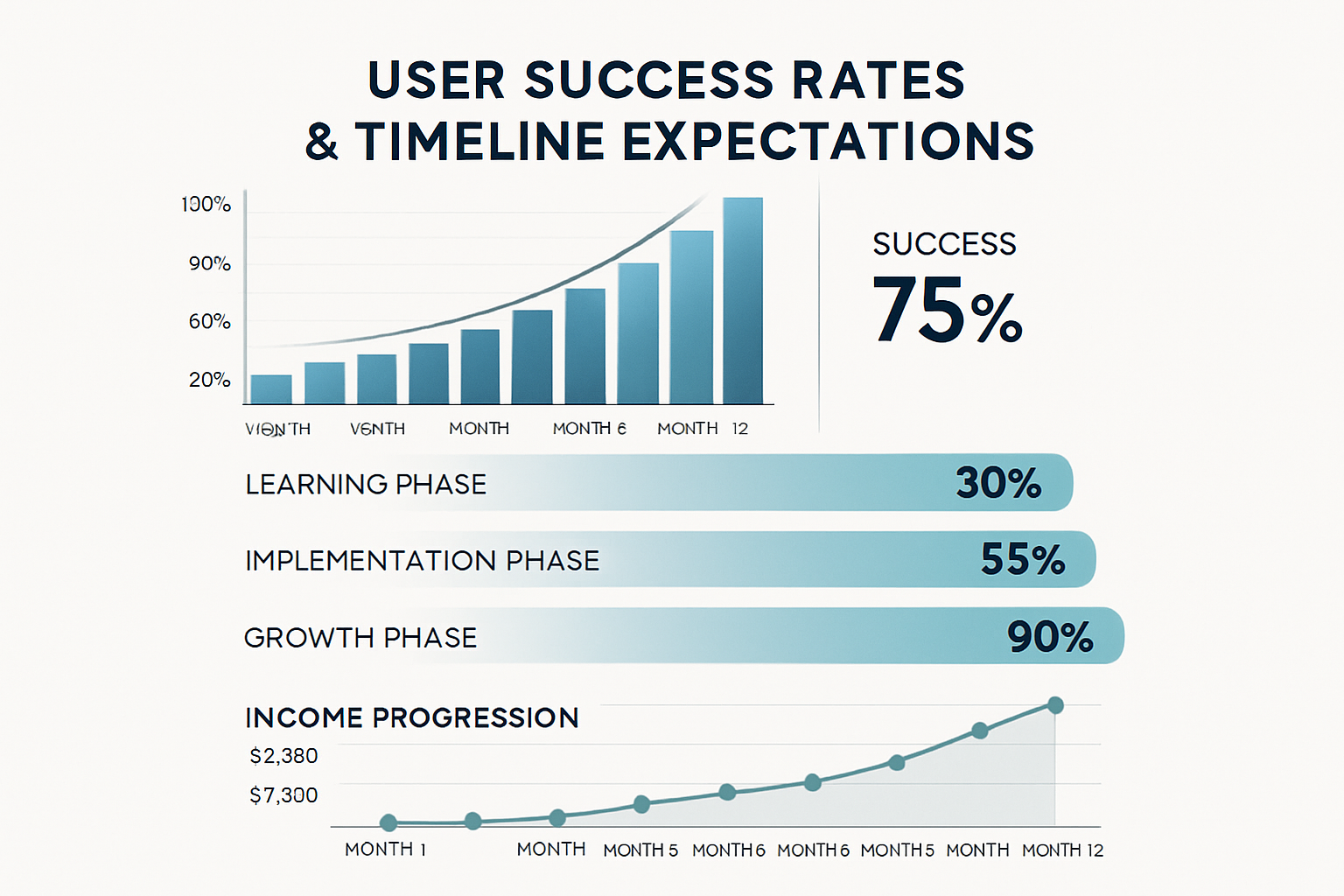 Create a 1024x1024 square image illustrating user success rates and timeline expectations. Show a visual progression from months 1-12 with k