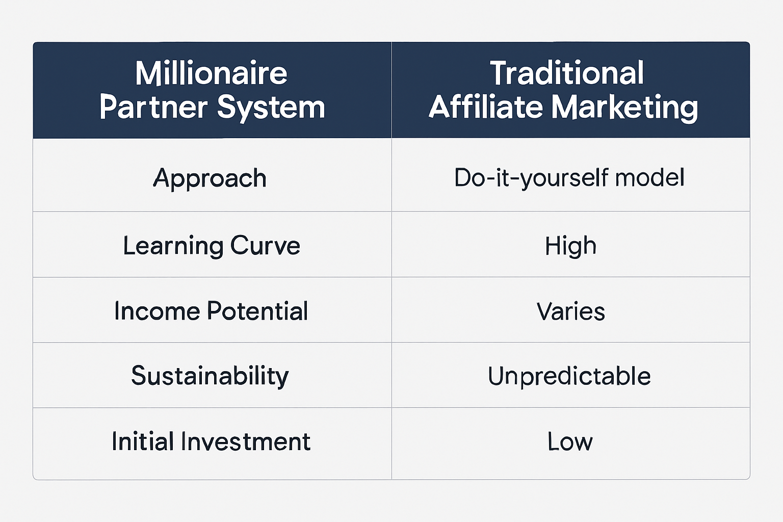 Design a 1536x1024 comparison table image showing Millionaire Partner System vs Traditional Affiliate Marketing. Include rows for Approach,