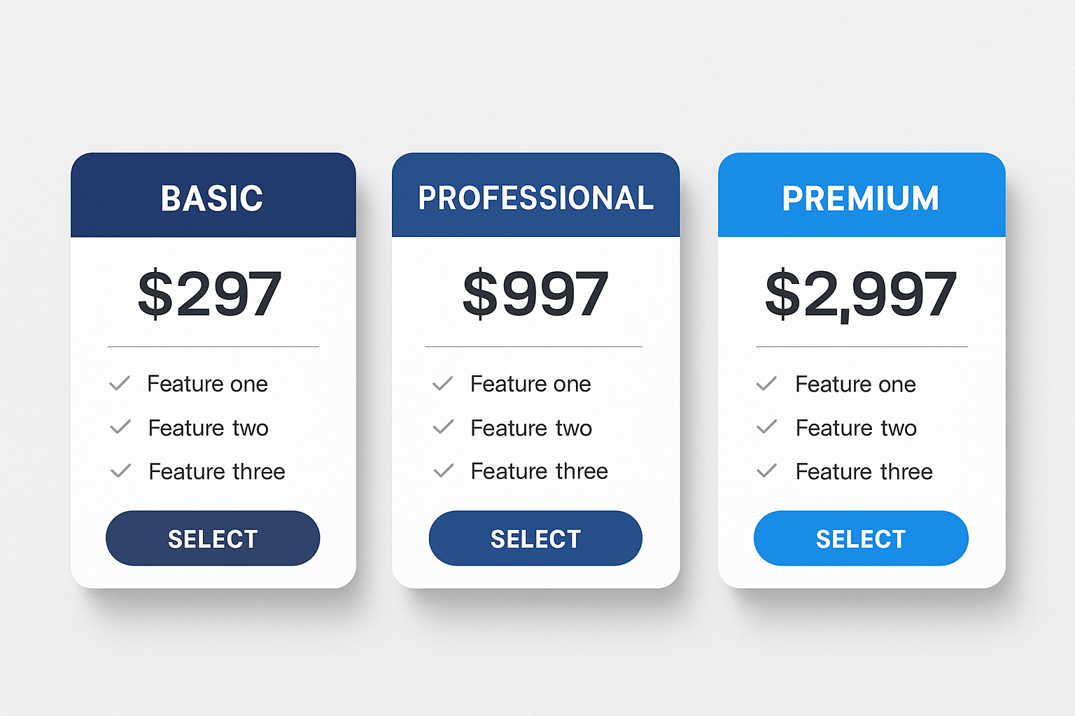 Create a 1024x1024 square image showing the three pricing tiers: Basic ($297), Professional ($997), and Premium ($2,997). Design as attracti