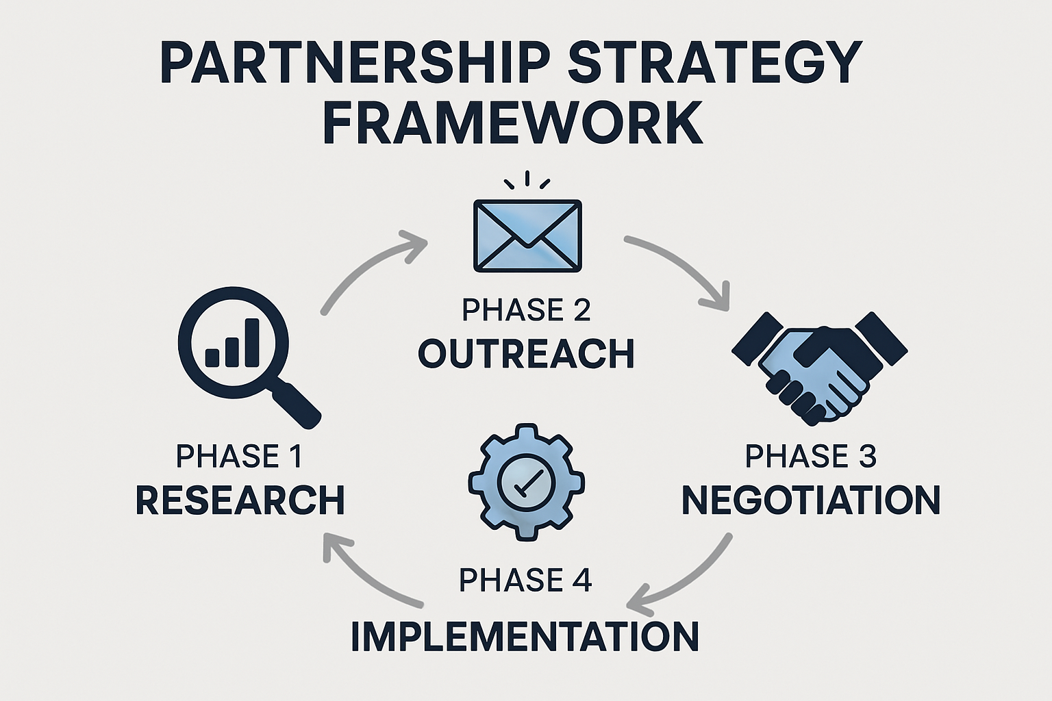 Design a 1536x1024 image illustrating the four-phase partnership strategy framework. Show Phase 1: Research, Phase 2: Outreach, Phase 3: Neg