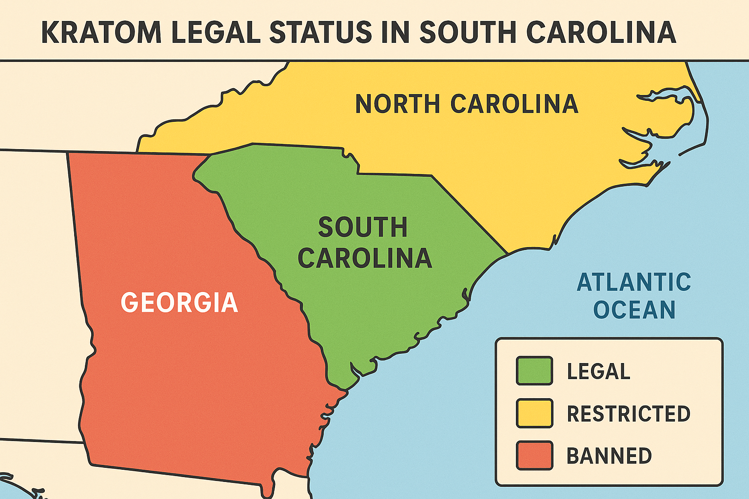 Create a 1536x1024 landscape infographic showing a map of South Carolina and surrounding states with color-coded legal status indicators - g