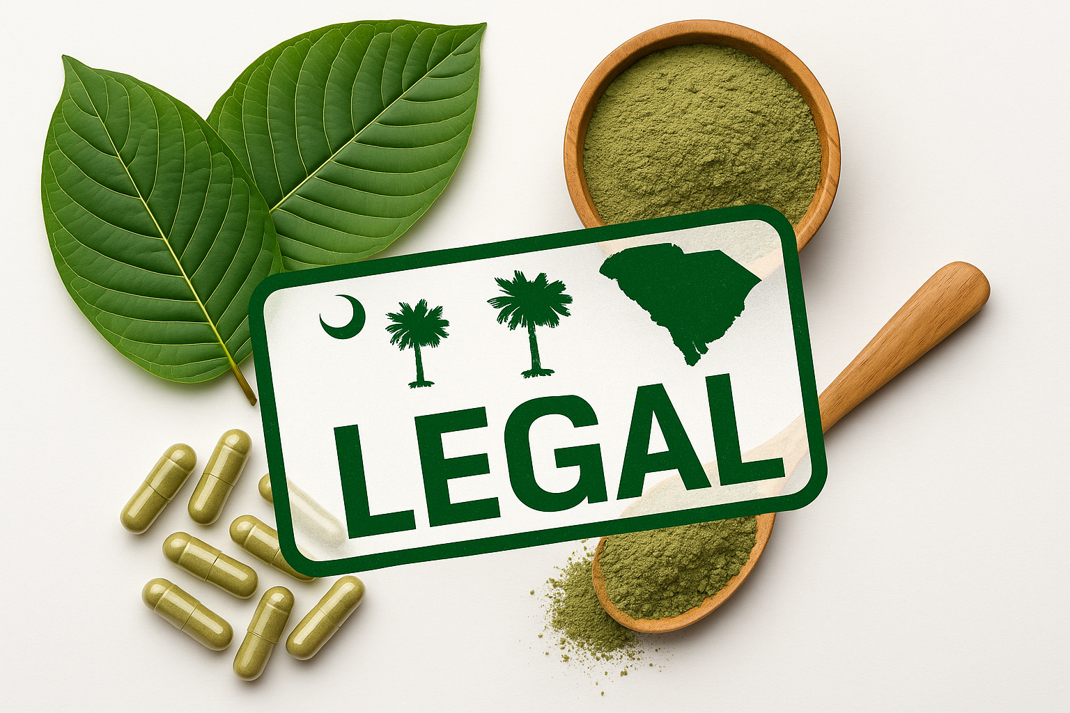 Create a 1024x1024 square image showing various kratom products (capsules, powder, leaves) arranged professionally with a "LEGAL" stamp over