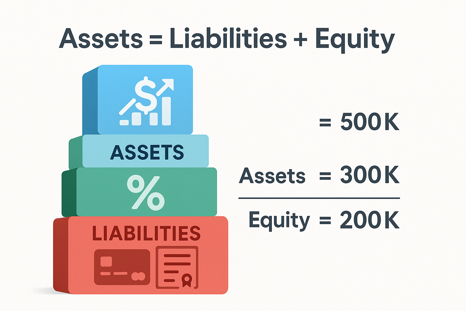 Create a 1024x1024 square image showing the balance sheet equation visually. At the top, display "Assets = Liabilities + Equity" in large, b