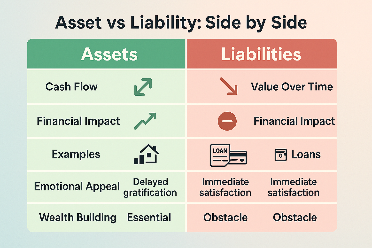 Create a 1536x1024 landscape comparison chart titled "Asset vs Liability: Side by Side" at the top in bold text. Create a two-column table d