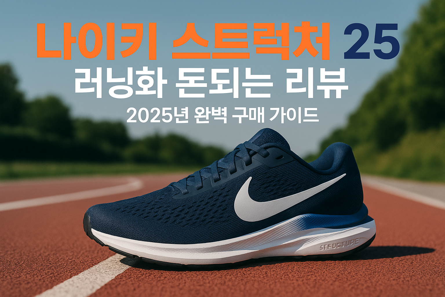 Create a 1536x1024 landscape cover image featuring a Nike Structure 25 running shoe prominently displayed on a modern athletic track or runn