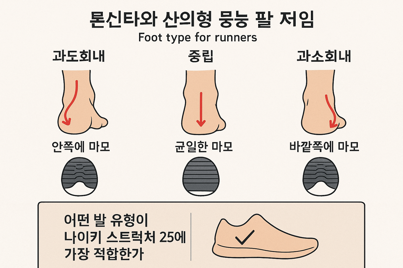 Create a 1536x1024 landscape image illustrating foot type analysis for runners. Show three foot silhouettes representing overpronation, neut