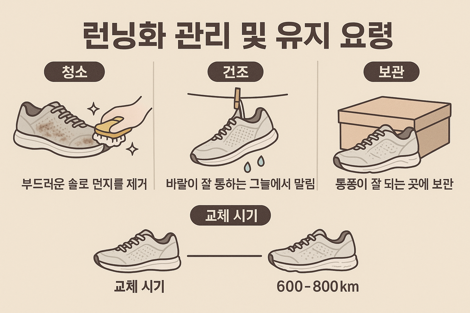 Create a 1536x1024 landscape image showing proper running shoe care and maintenance tips. Include visual instructions for cleaning, drying,