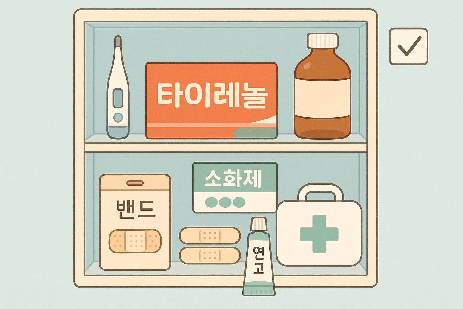 Illustration - 1024x1024 square A friendly illustration showing essential home medicine cabinet items. Display organized shelves with labele