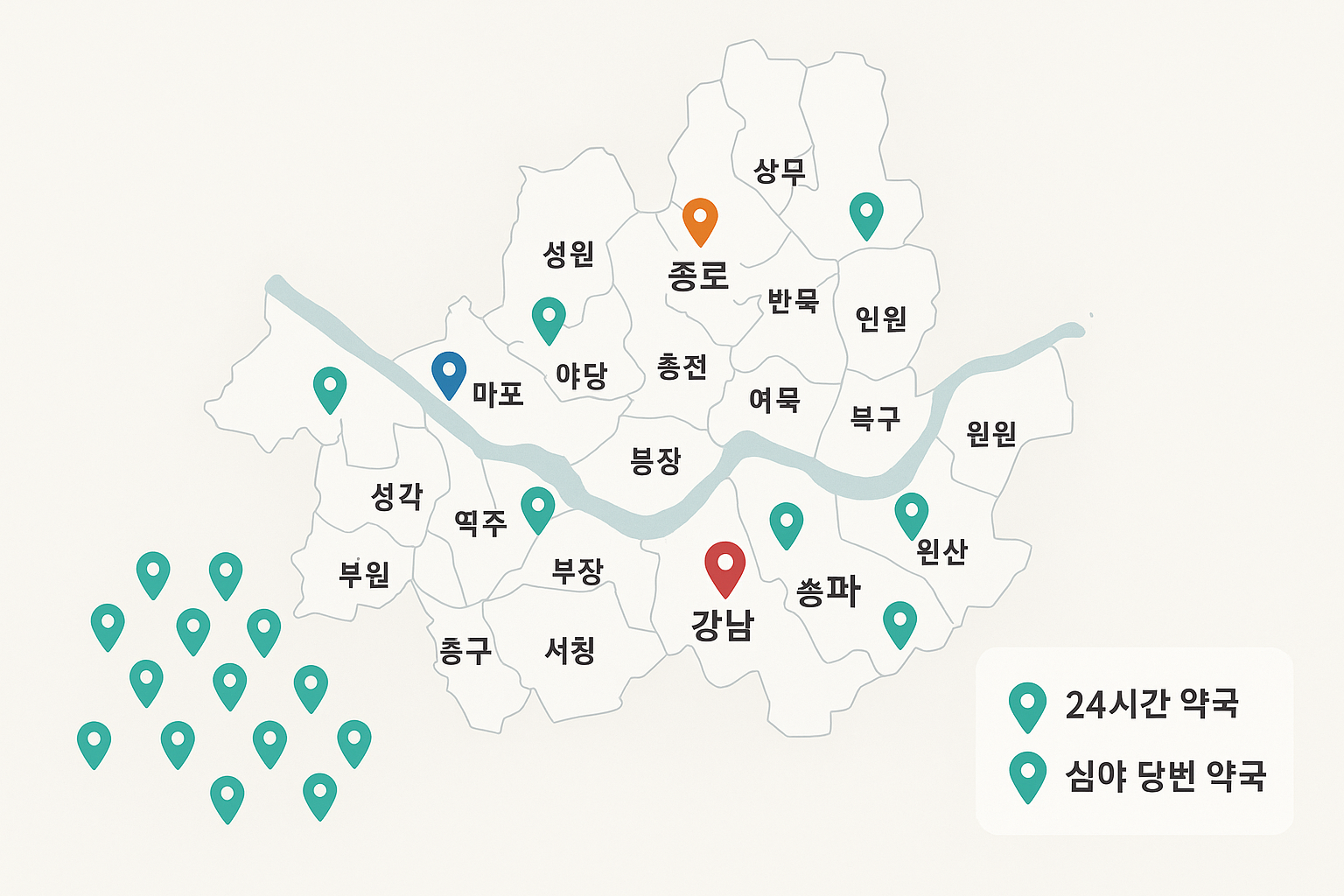 Map Infographic - 1536x1024 landscape A simplified map of Seoul showing the 25 districts (구) with location pins marking major 24-hour hospit