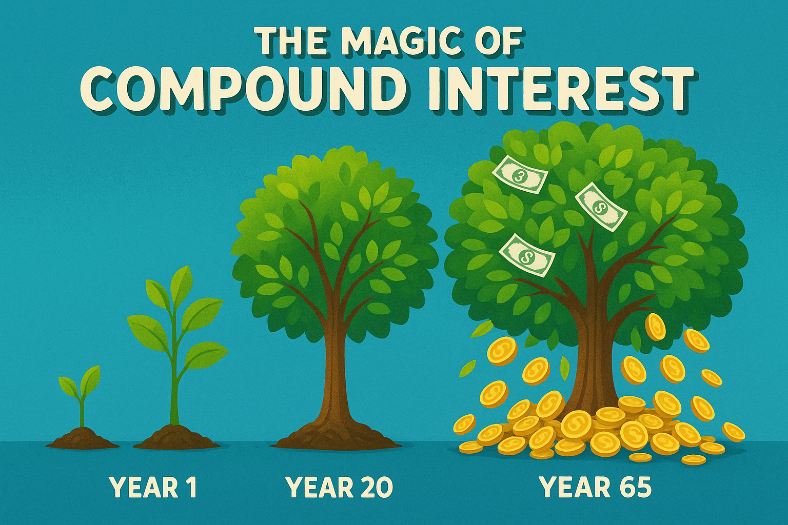 Square 1024x1024 illustration showing compound interest concept. Visual metaphor of a small seedling growing into a massive money tree over 