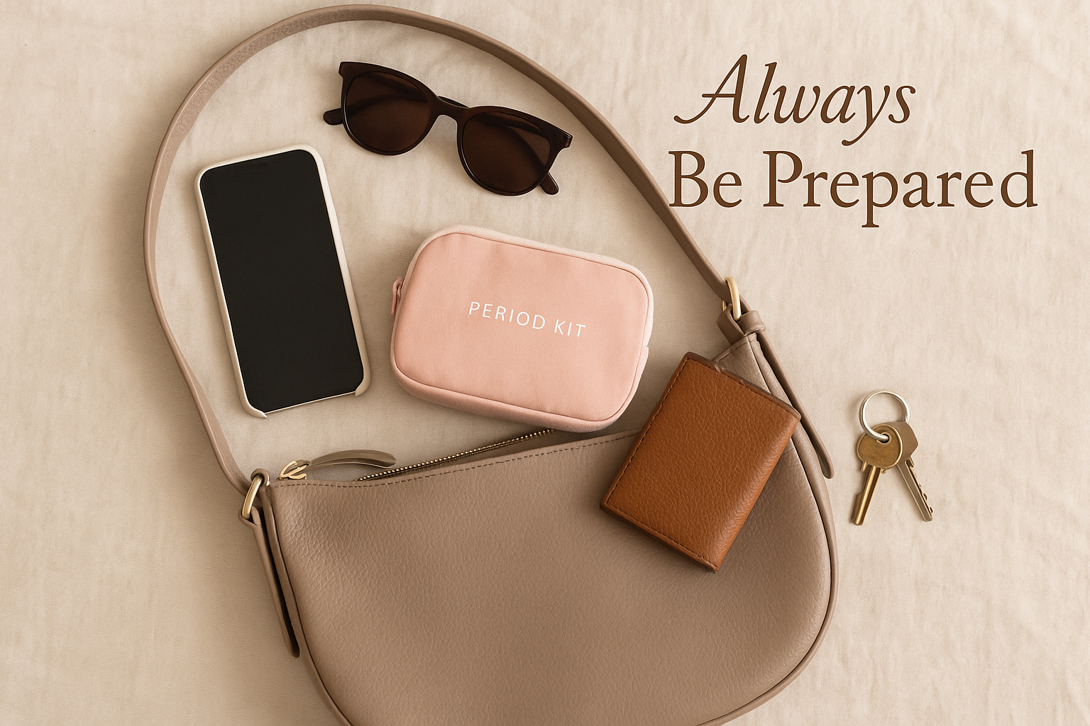 Square 1024x1024 image showing a lifestyle flat-lay of a woman's everyday bag with a small pink period kit pouch visible, surrounded by ever