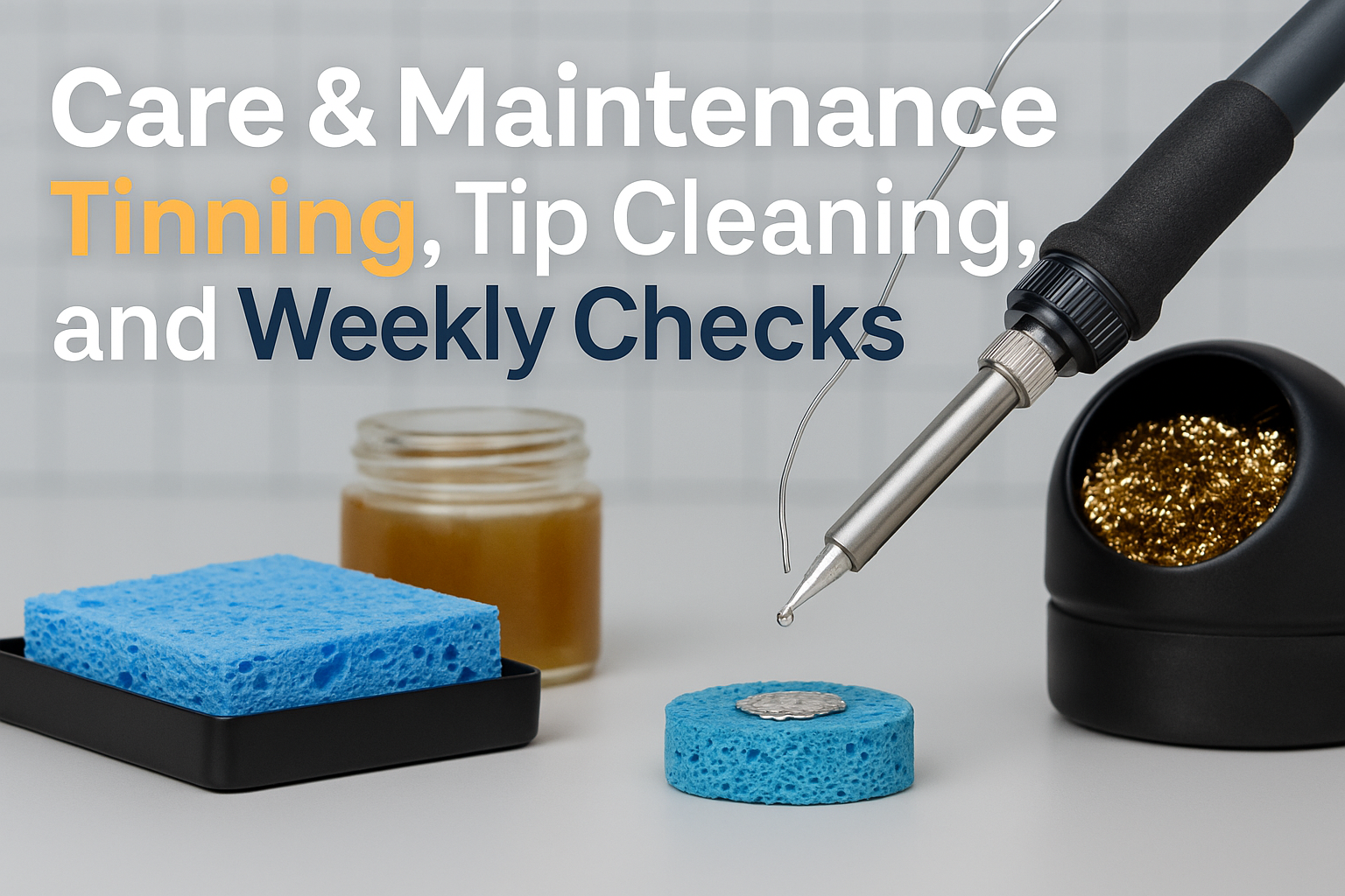 Create a professional cover image in 1536x1024 landscape format showing a pristine soldering iron tip being tinned with fresh solder, with m