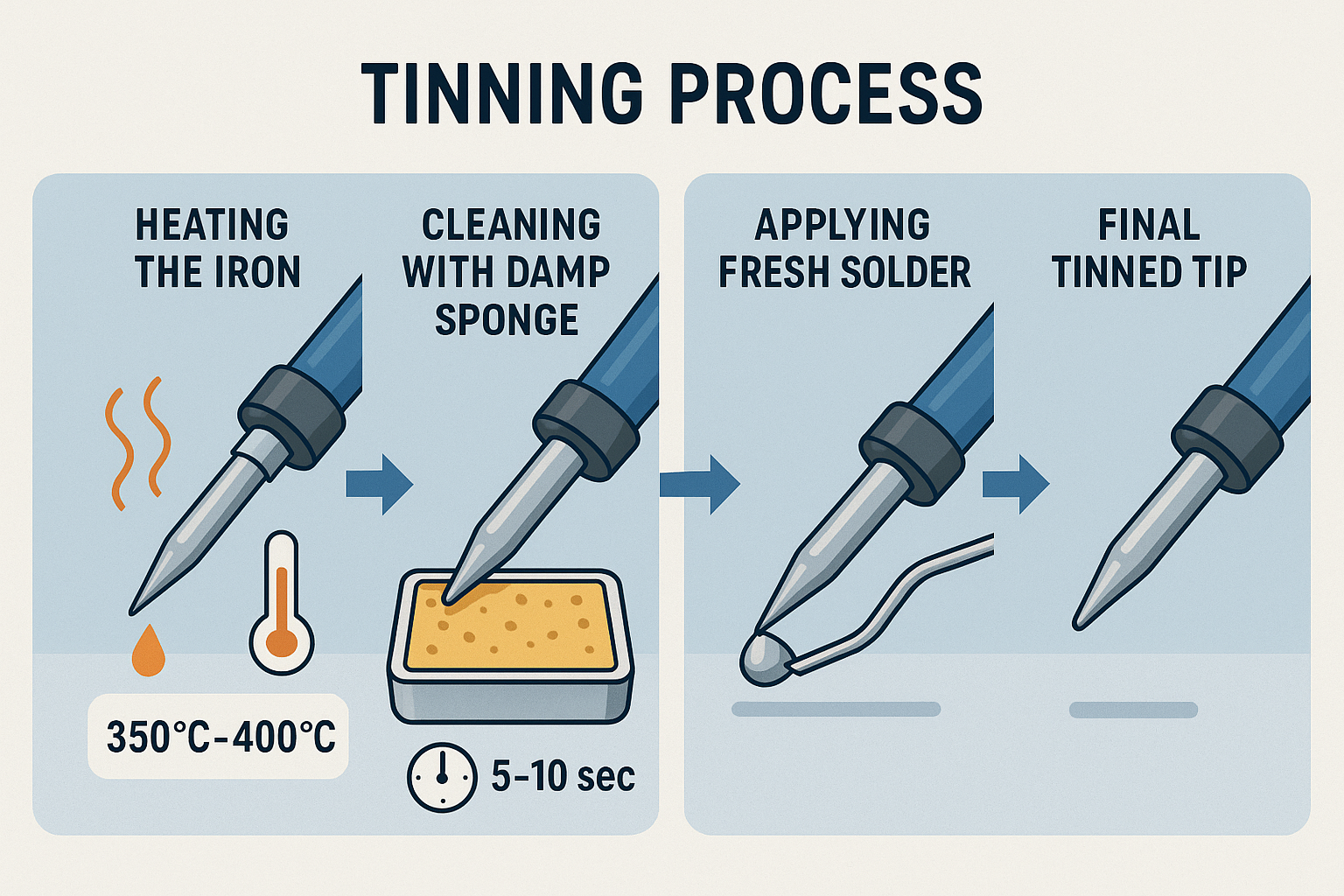 Create a detailed infographic in 1536x1024 landscape format showing the step-by-step tinning process. Display four panels: 1) Heating the ir