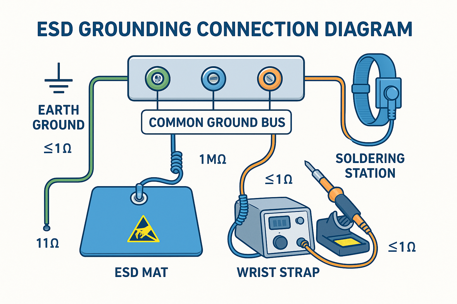 Create a detailed infographic in 1536x1024 landscape format showing the step-by-step connection diagram for ESD grounding. Display a common