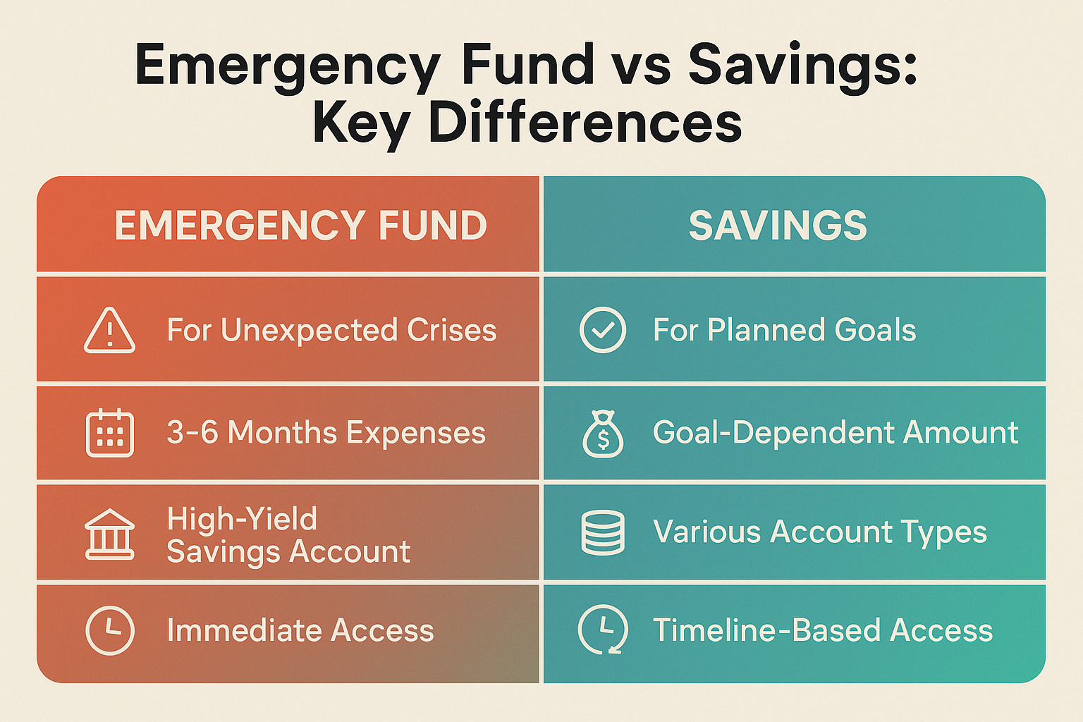 Infographic in 1536x1024 landscape format comparing Emergency Fund vs Savings in a side-by-side table layout. Left column in warm red-orange