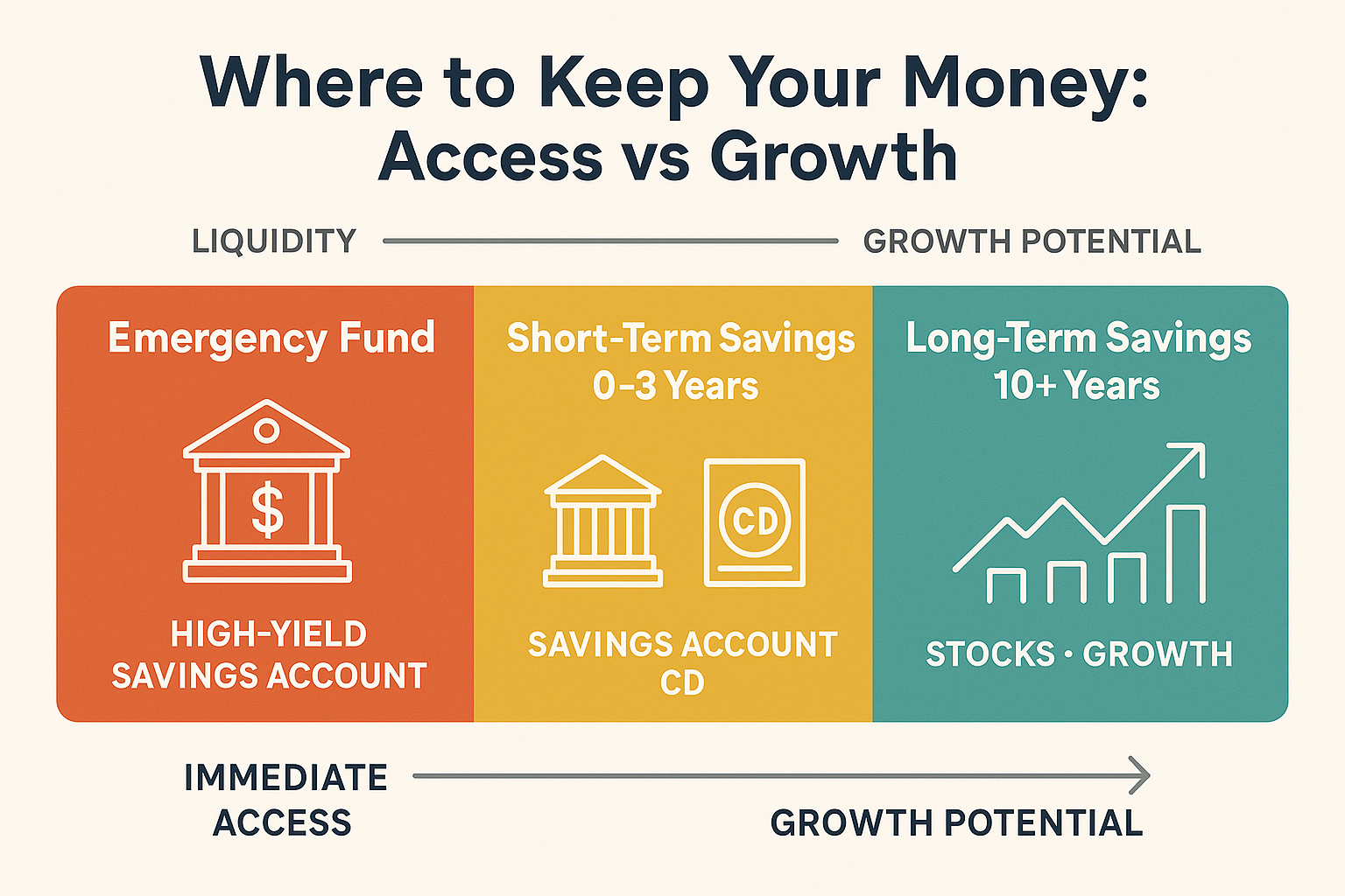 Landscape 1536x1024 visual diagram showing where to keep emergency funds vs savings based on timeline. Three distinct sections arranged hori
