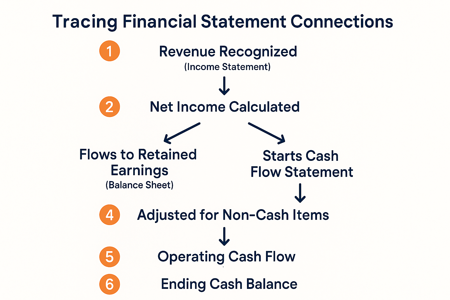 Flowchart infographic in 1536x1024 landscape format titled "Tracing Financial Statement Connections". Shows step-by-step flow from top to bo