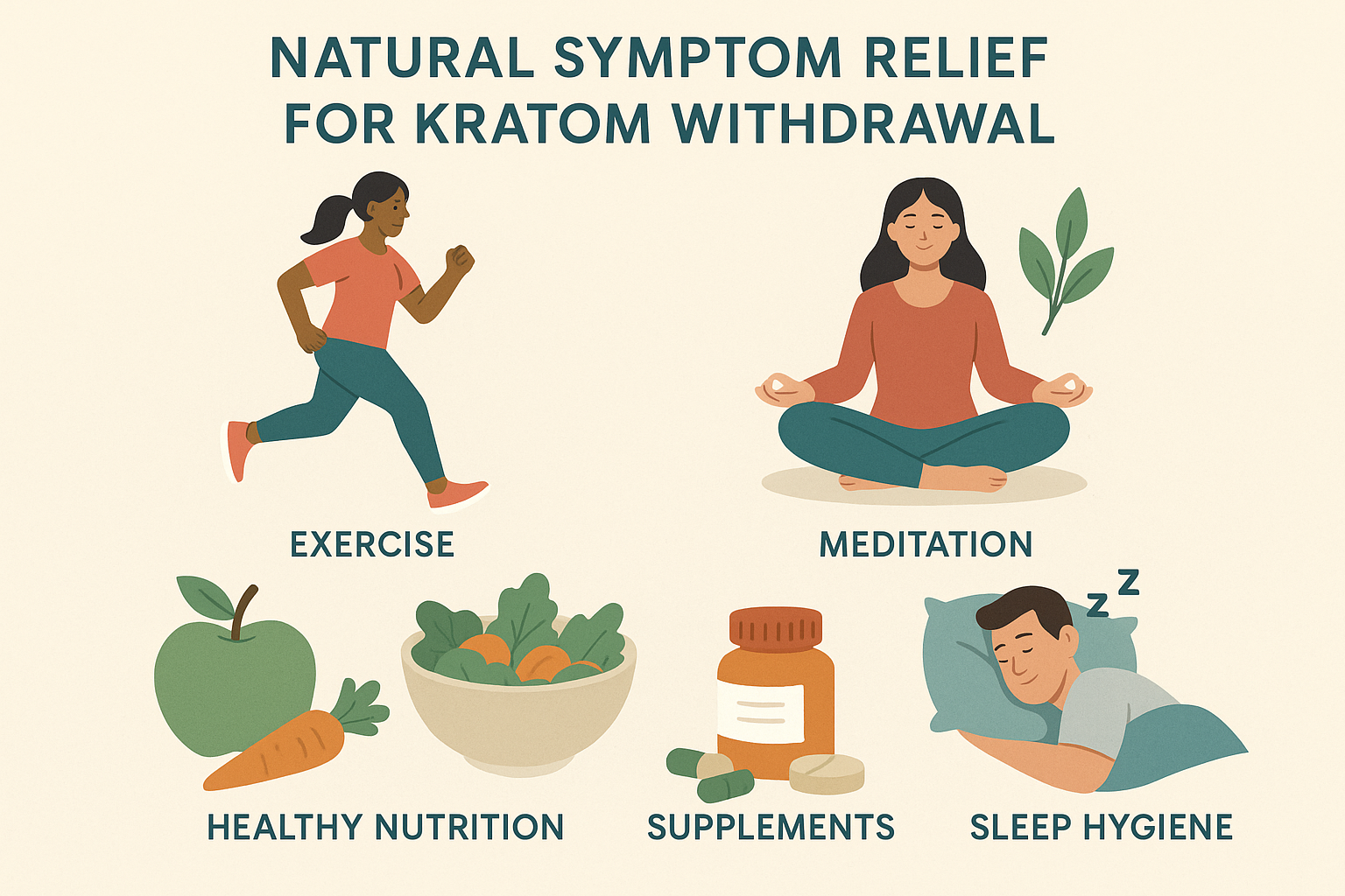 Create a 1024x1024 square illustration showing natural symptom relief methods for kratom withdrawal. Display icons and imagery for exercise,