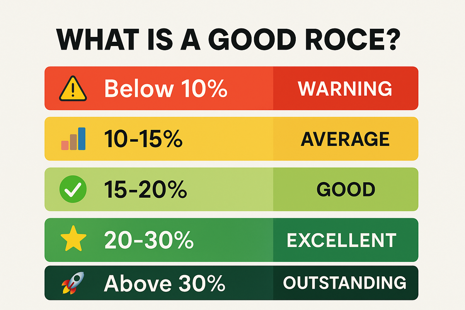Create a visual comparison chart (1536x1024 landscape) showing "What is a Good Return on Capital Employed (ROCE)?" Display five horizontal bars or sections representing