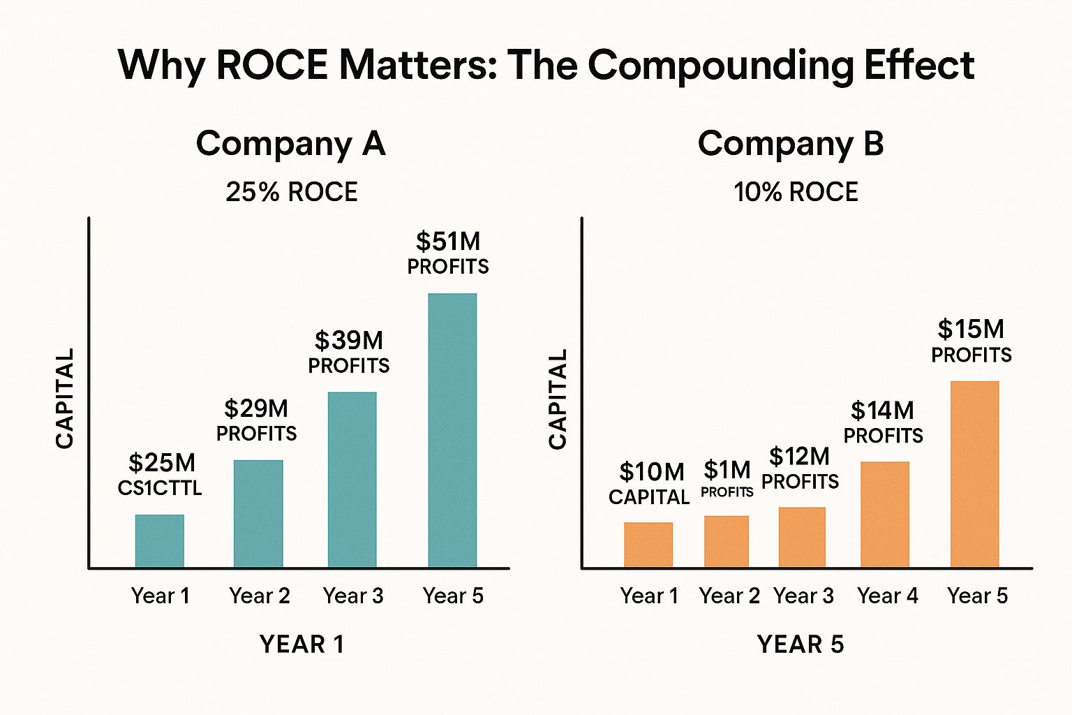 Create a visual diagram (1536x1024 landscape) illustrating "The Compounding Power of High ROCE." Show two side-by-side scenarios over 5 year
