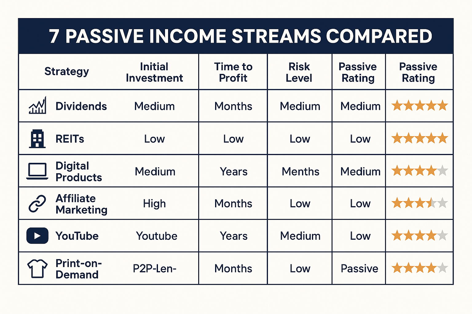 Infographic in 1536x1024 landscape format titled "7 Passive Income Streams Compared" showing a comparison table with columns for Strategy Na