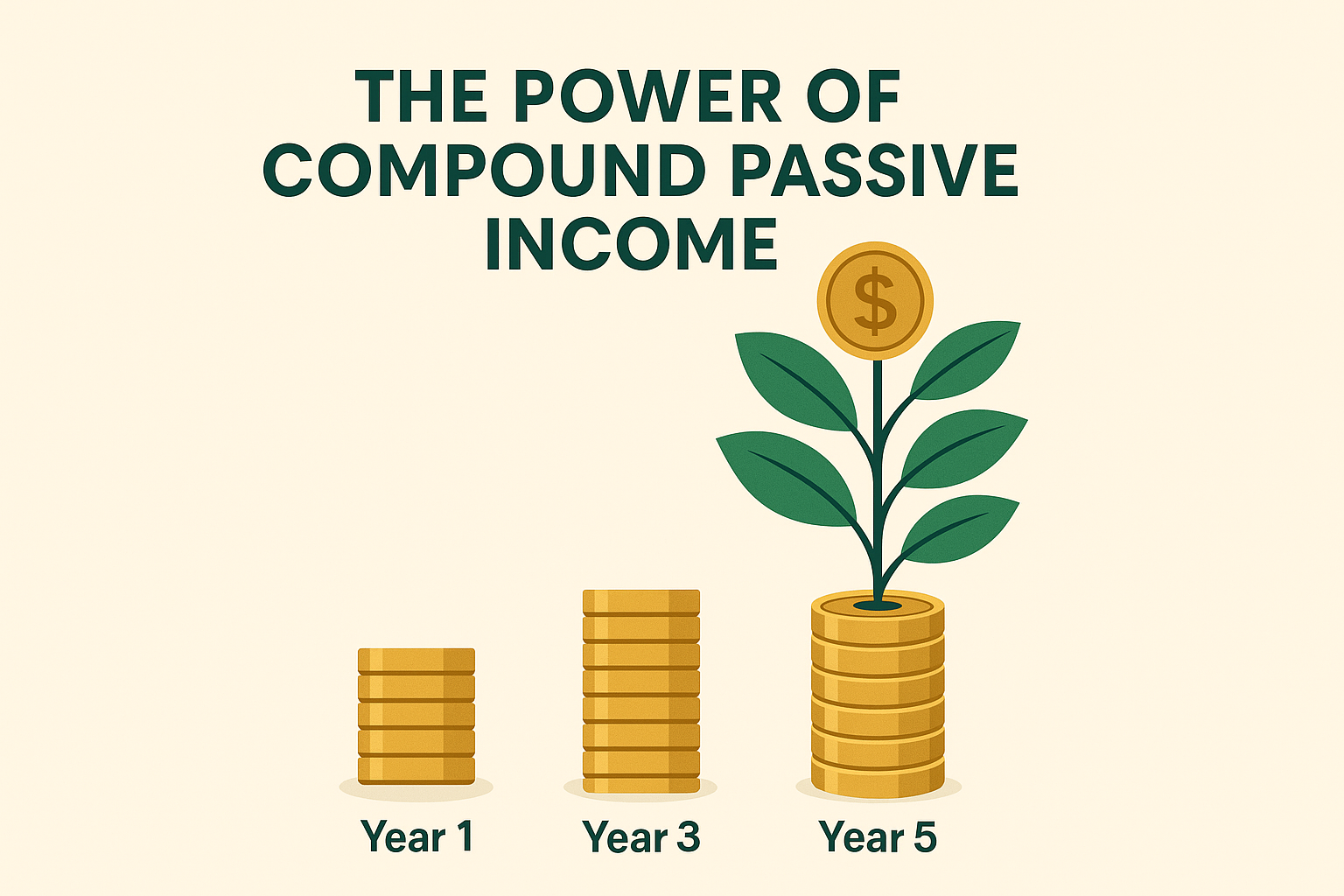 Square 1024x1024 image showing a visual representation of compound growth over time. Display a growing stack of coins or money tree illustra