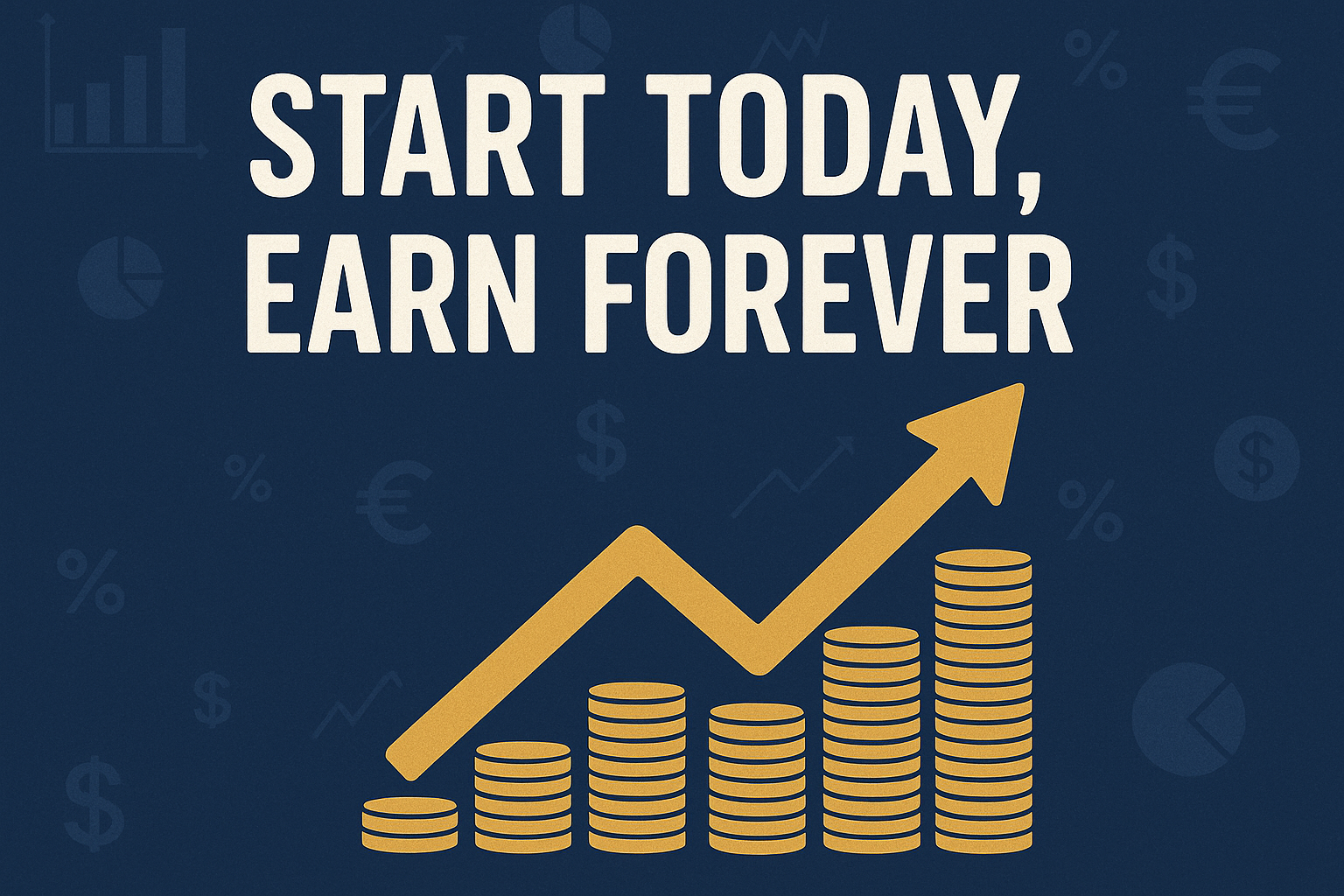 Square 1024x1024 motivational image showing an upward trending arrow made of stacked coins or dollar bills, symbolizing passive income growt
