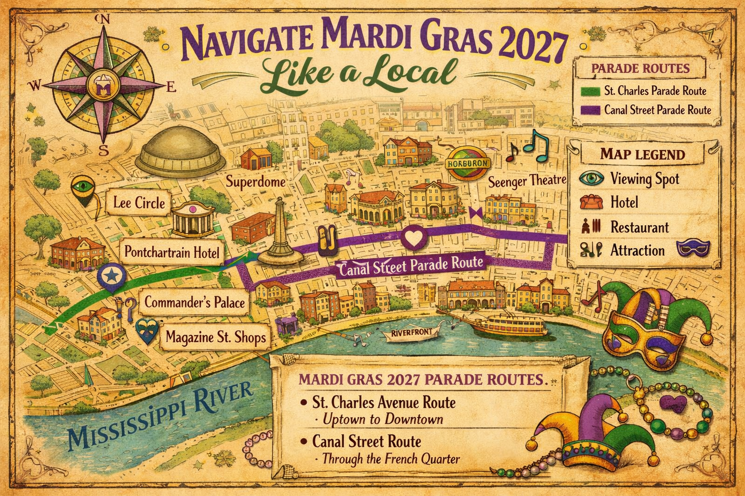 Design a 1536x1024 landscape image featuring a detailed map-style illustration of New Orleans showing major parade routes along St. Charles