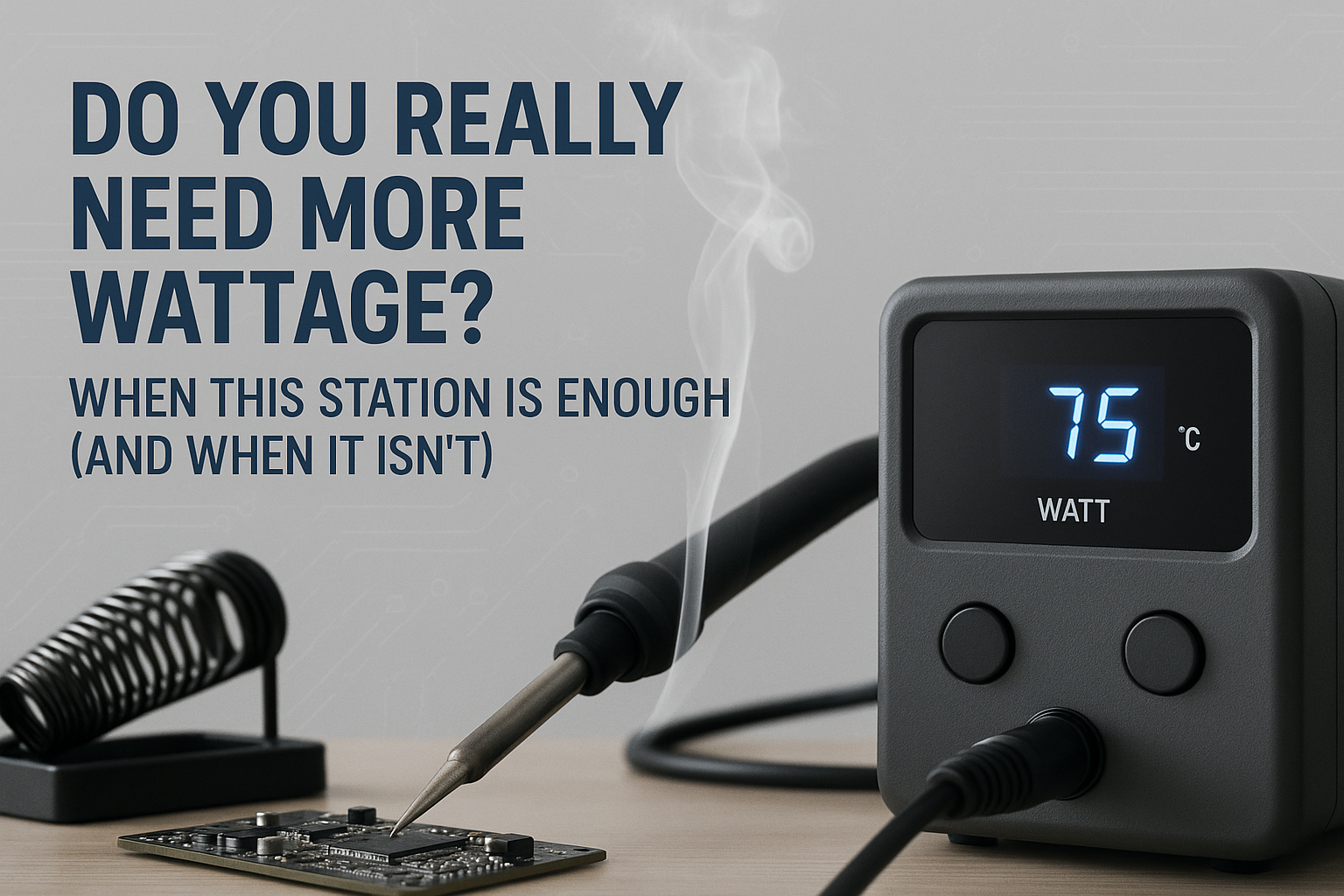 Create a 1536x1024 landscape cover image showing a modern soldering station with steam rising from a soldering iron tip, overlaid with the t