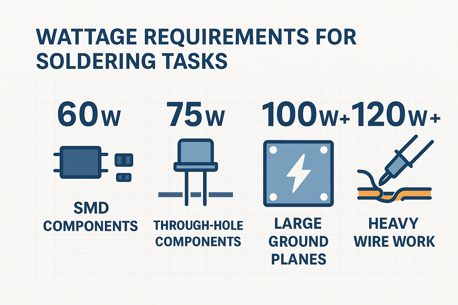 Create a 1536x1024 landscape infographic comparing different wattage requirements for various soldering tasks. Show visual representations o