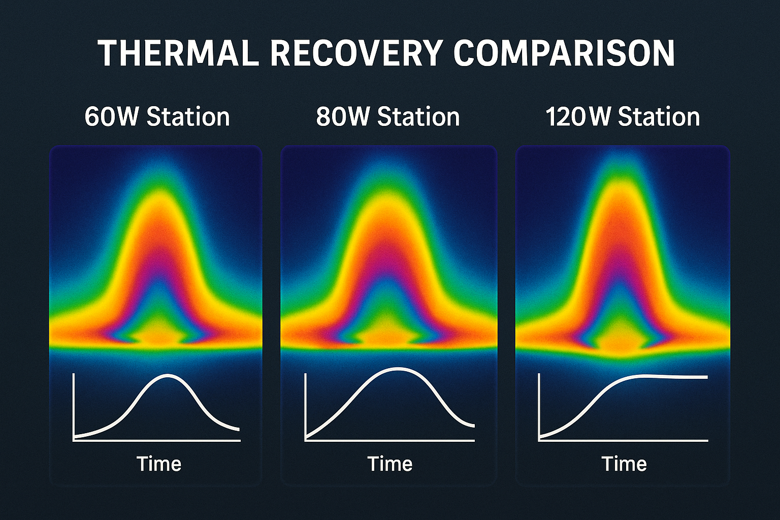 Create a 1024x1024 square image showing a detailed comparison of thermal recovery between different wattage stations. Display temperature gr