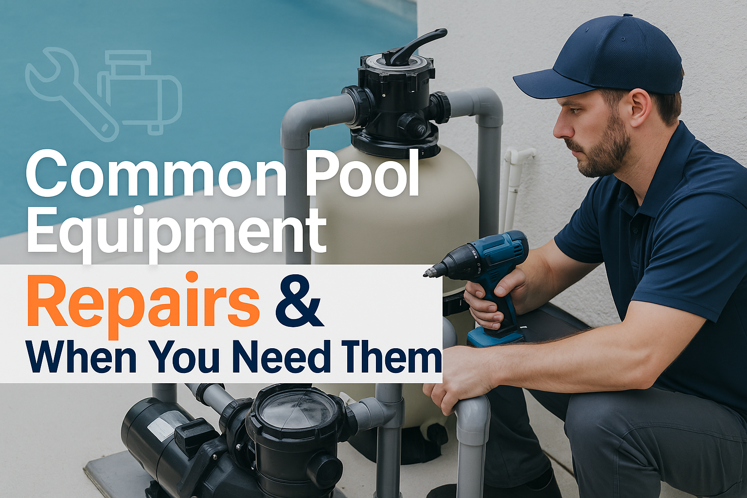 Create a landscape cover image (1536x1024) showing a professional pool technician working on pool equipment (pump, filter visible) with mode