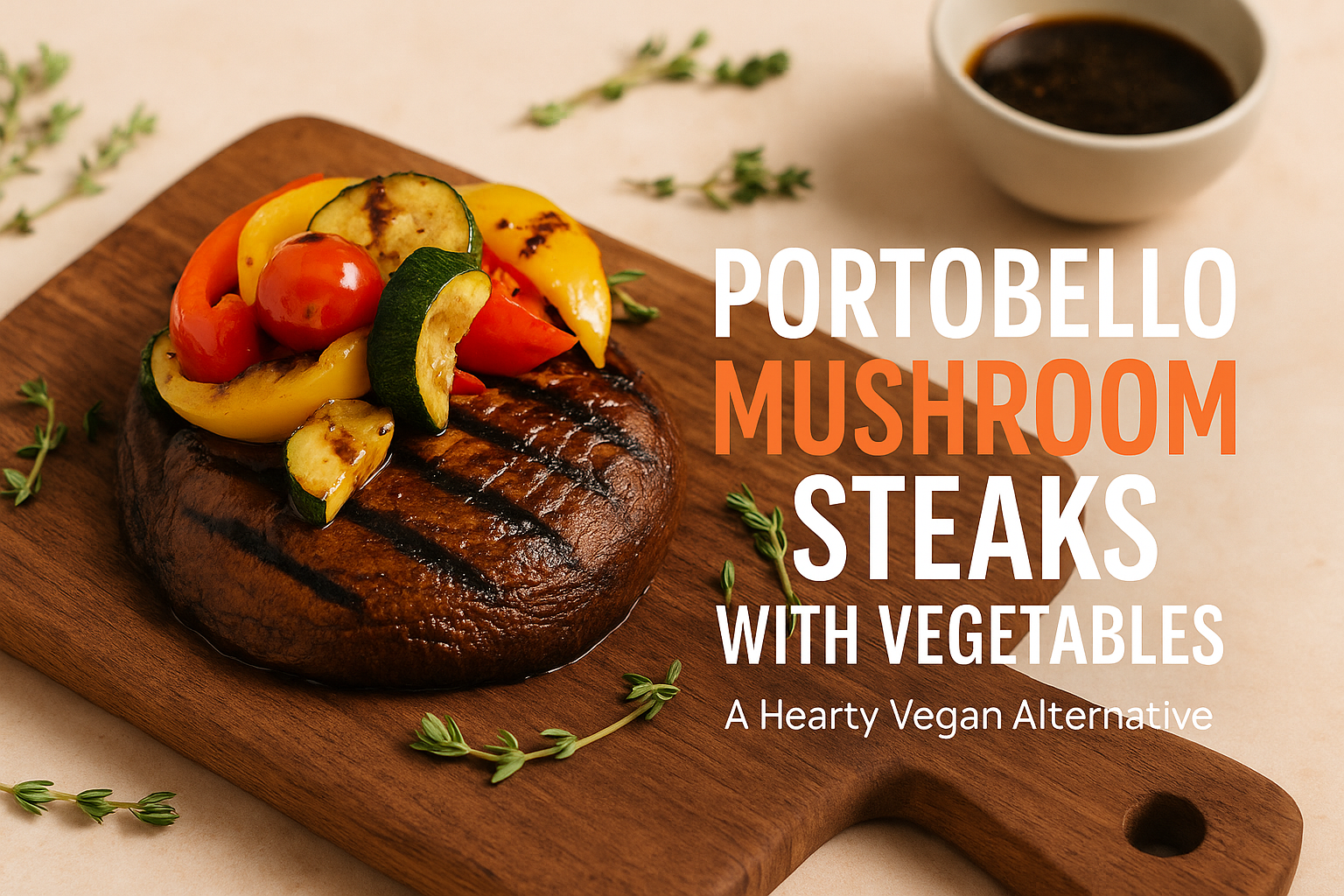 Create a landscape 1536x1024 cover image featuring a beautifully grilled portobello mushroom steak as the centerpiece, topped with colorful 
