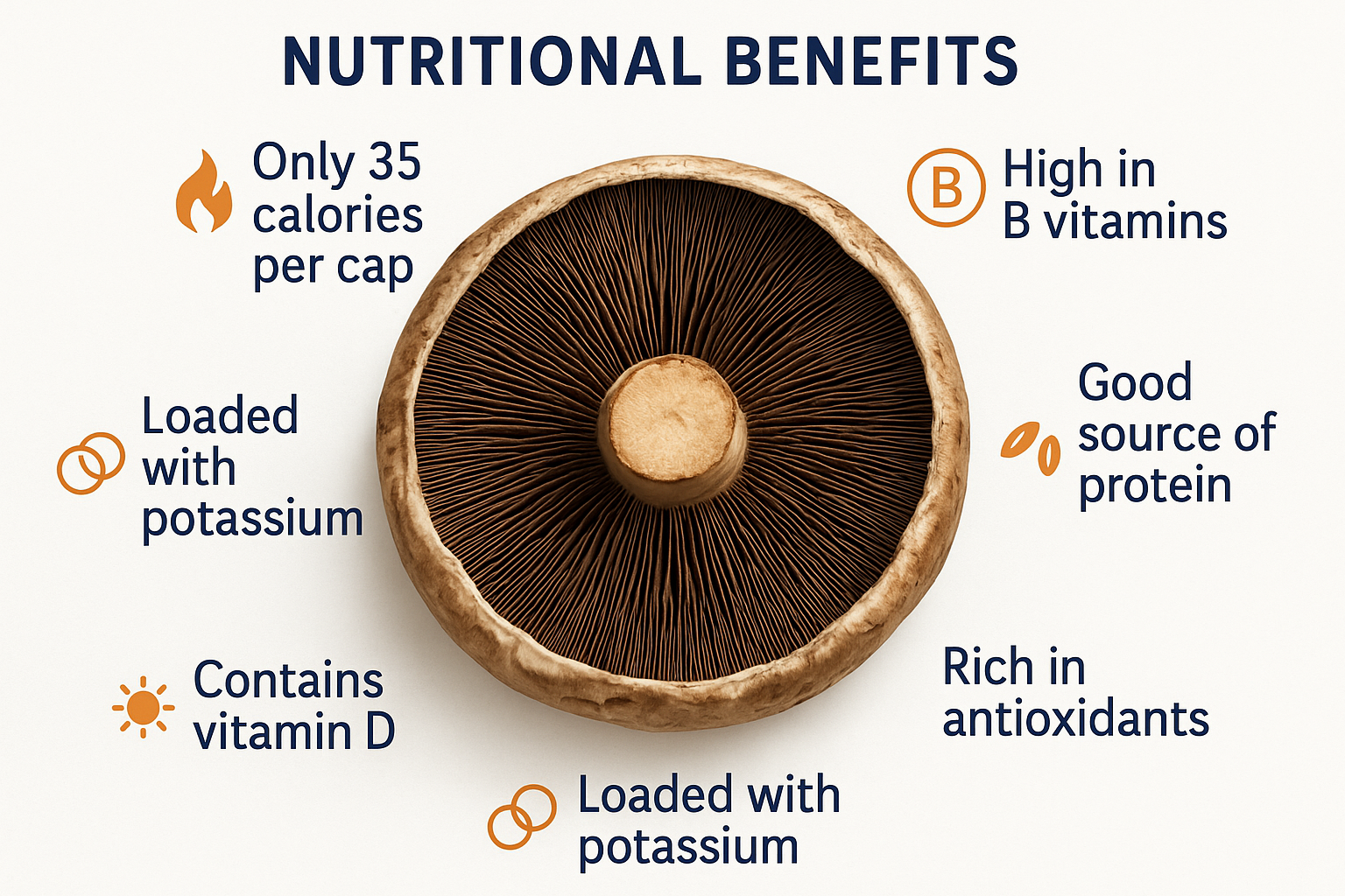 Create a 1024x1024 square image showing a nutritional benefits visual. In the center, display a large, beautiful portobello mushroom cap. Ar