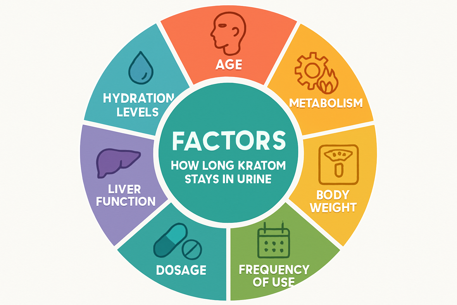 Factors infographic (1024x1024): A circular diagram showing all the factors that affect how long kratom stays in urine. Include sections for