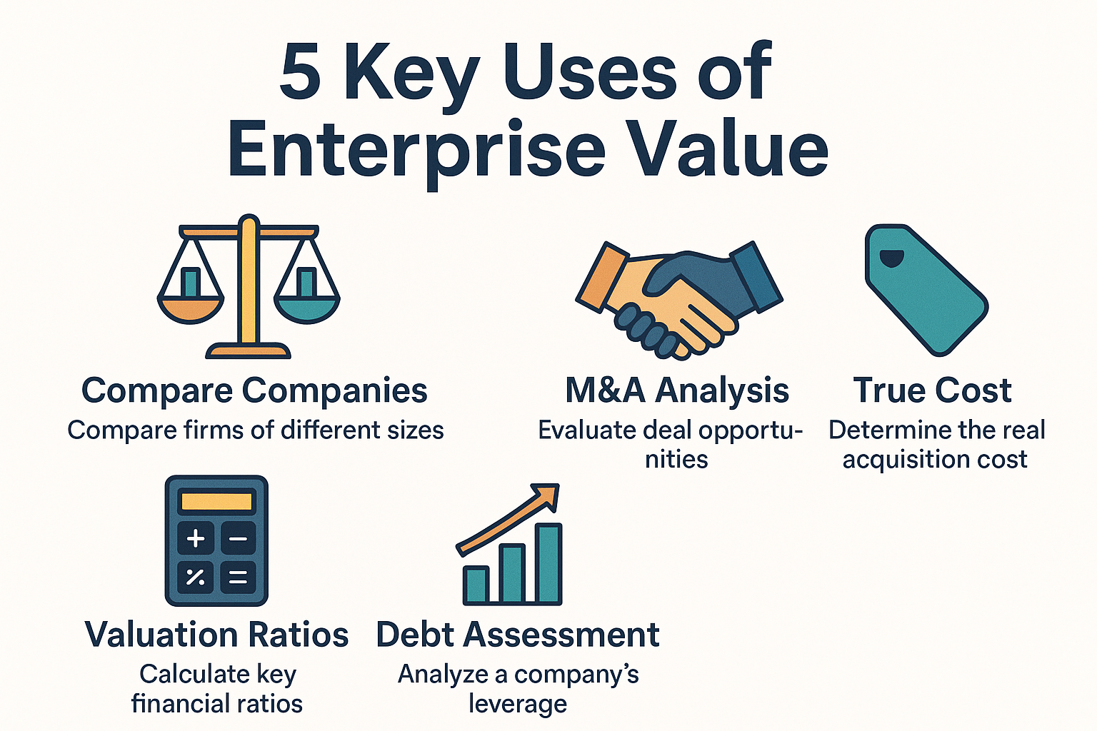 Infographic in 1536x1024 landscape format titled "5 Key Uses of Enterprise Value" at the top in bold typography. Below, show 5 illustrated s