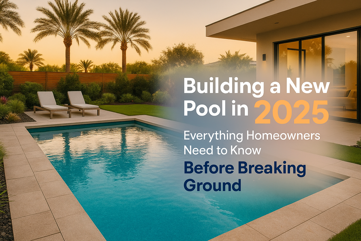 Cover image in 1536x1024 landscape format showing a stunning modern backyard with a beautiful inground pool during golden hour, crystal clea