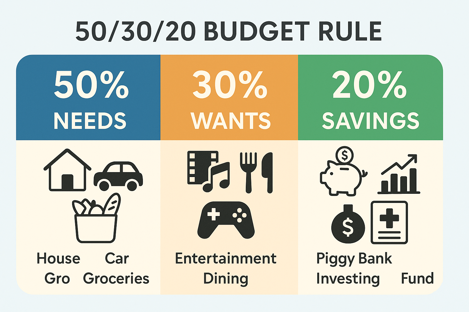 Infographic in 1536x1024 landscape format showing the 50/30/20 budget rule with three distinct sections. Left section (50%) in blue shows "N