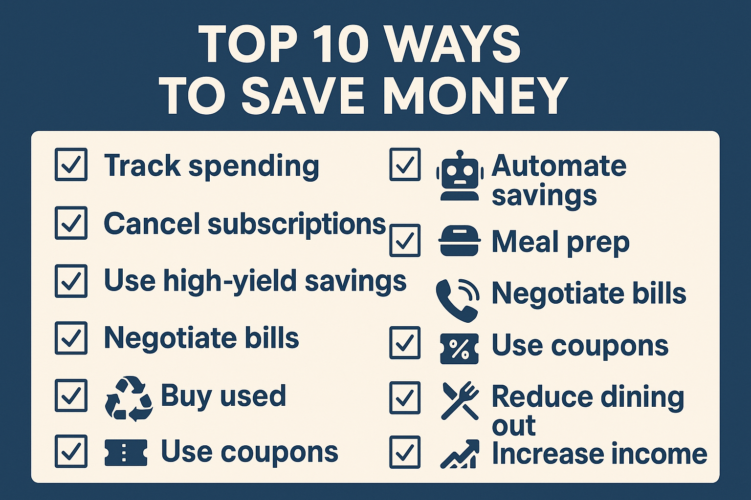Landscape 1536x1024 image showing "Top 10 Ways to Save Money" checklist with modern icons. Each item has a checkbox, icon, and brief descrip