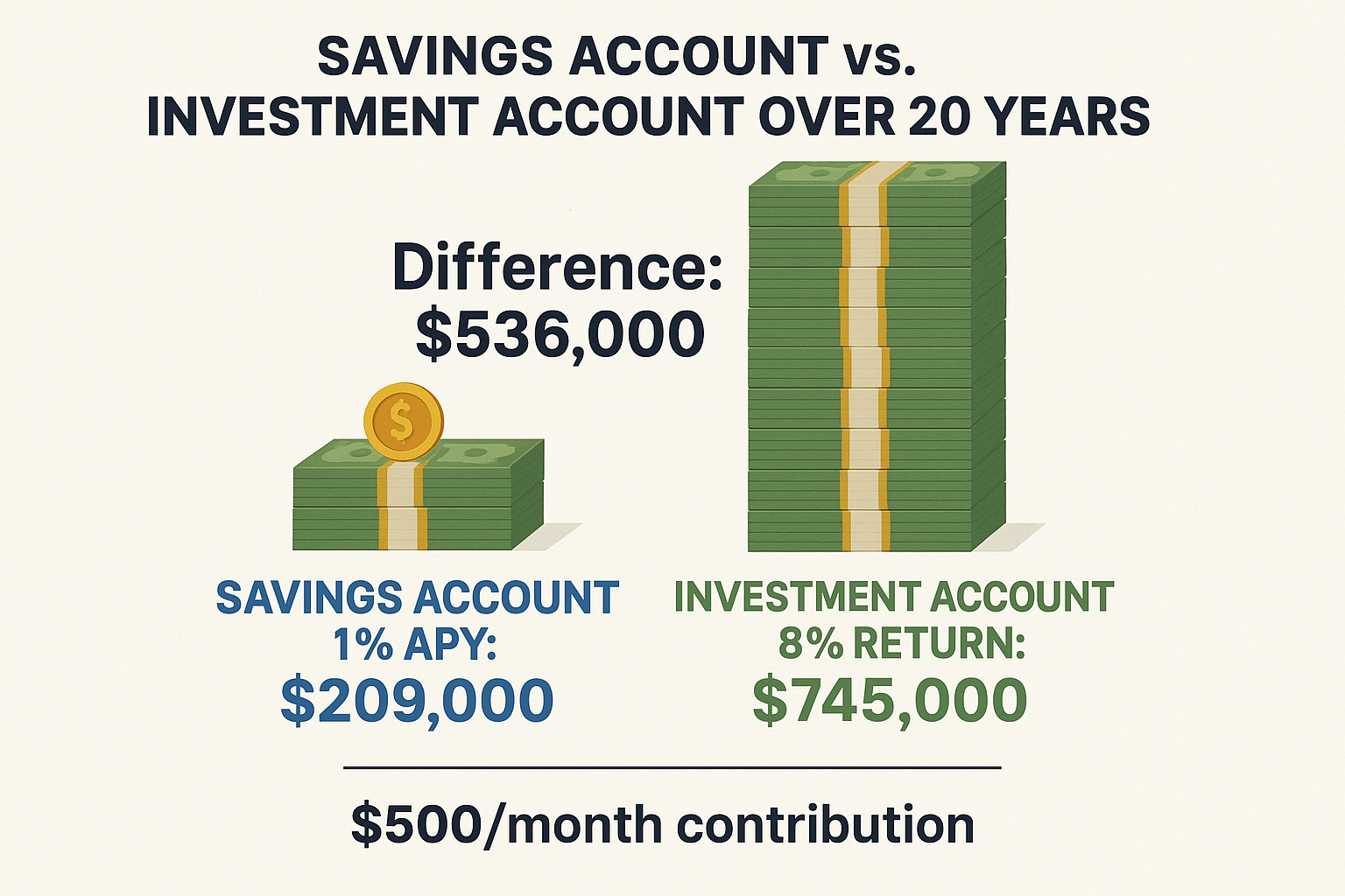 Square 1024x1024 visual comparison showing "Savings Account vs Investment Account Over 20 Years" with two stacks of money/coins. Left stack
