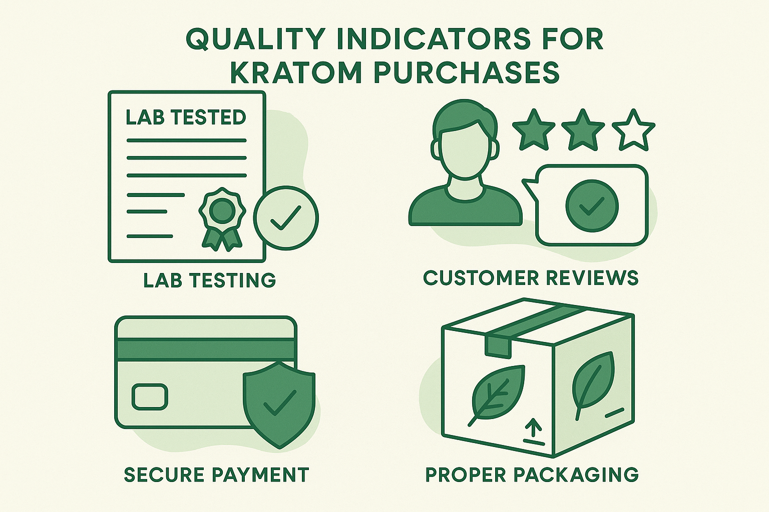 Illustration (1024x1024) - A modern flat design illustration showing quality indicators for kratom purchases: lab testing certificates, cust