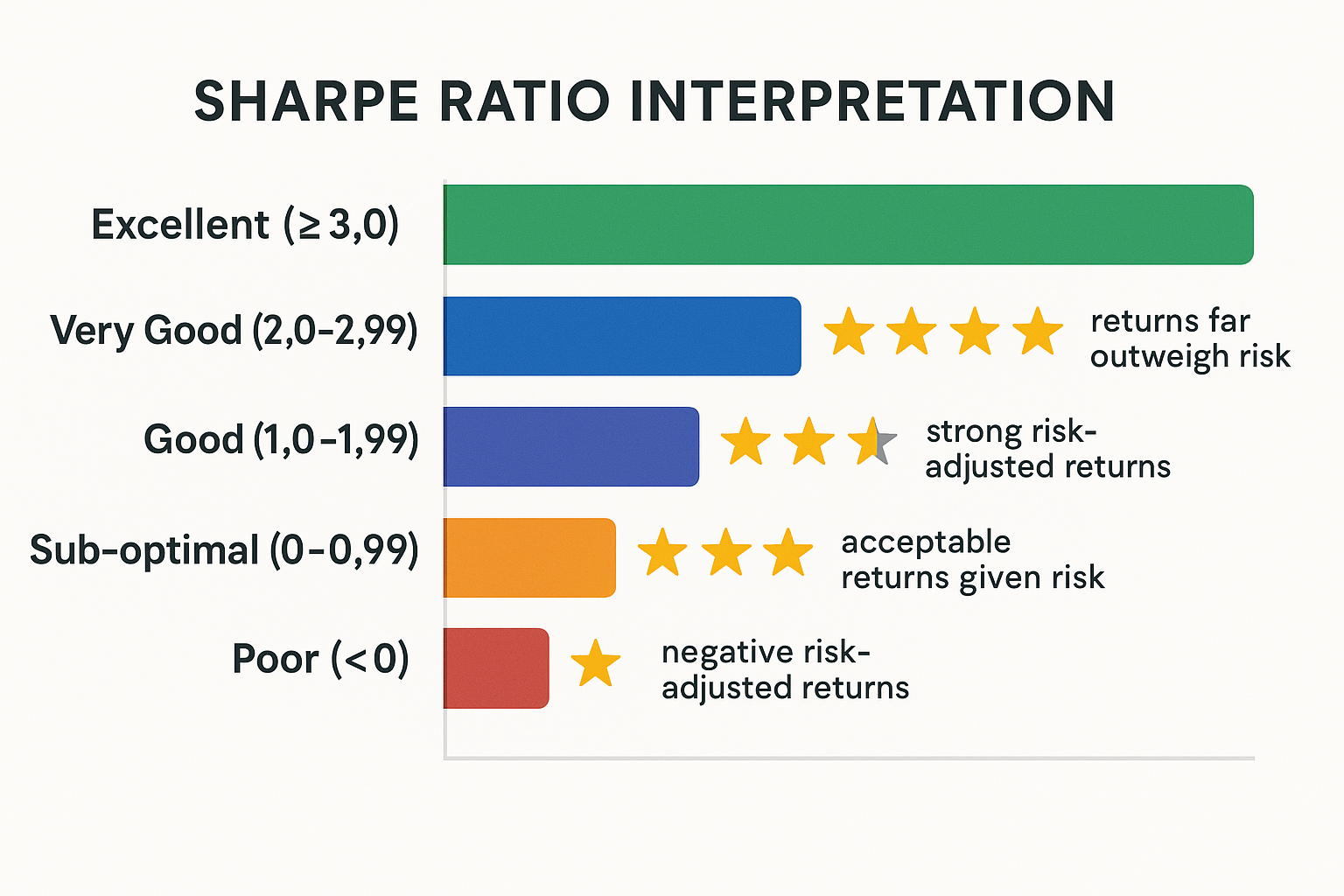 Comparison chart in 1536x1024 landscape format displaying Sharpe Ratio interpretation scale. Horizontal bar chart showing five ranges: "Exce